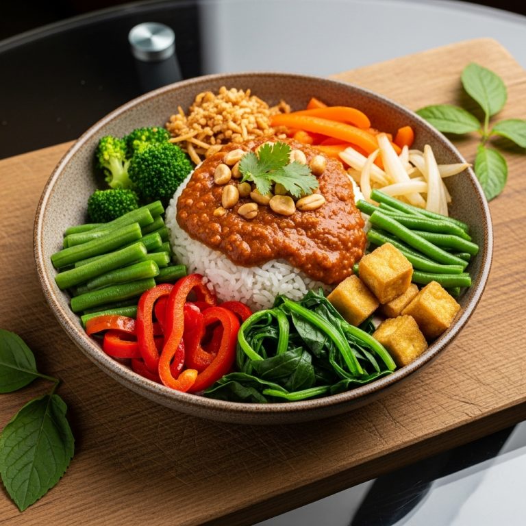 Vegetarian Indonesian Rice Bowl with Spicy Peanut Sauce and Sautéed Vegetables